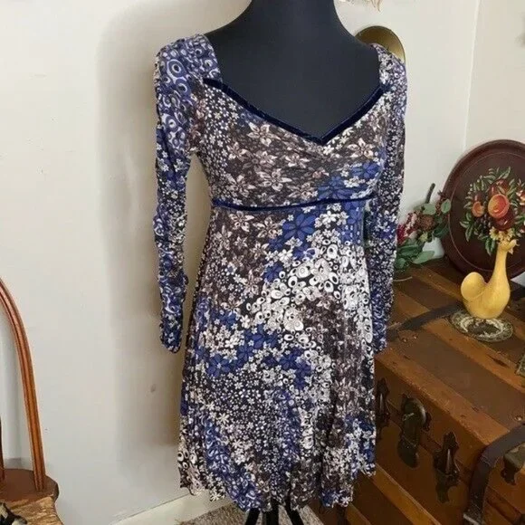 - Vintage Rinascimento Retro Blue & Brown Floral Print Dress - Picture 3 of 12